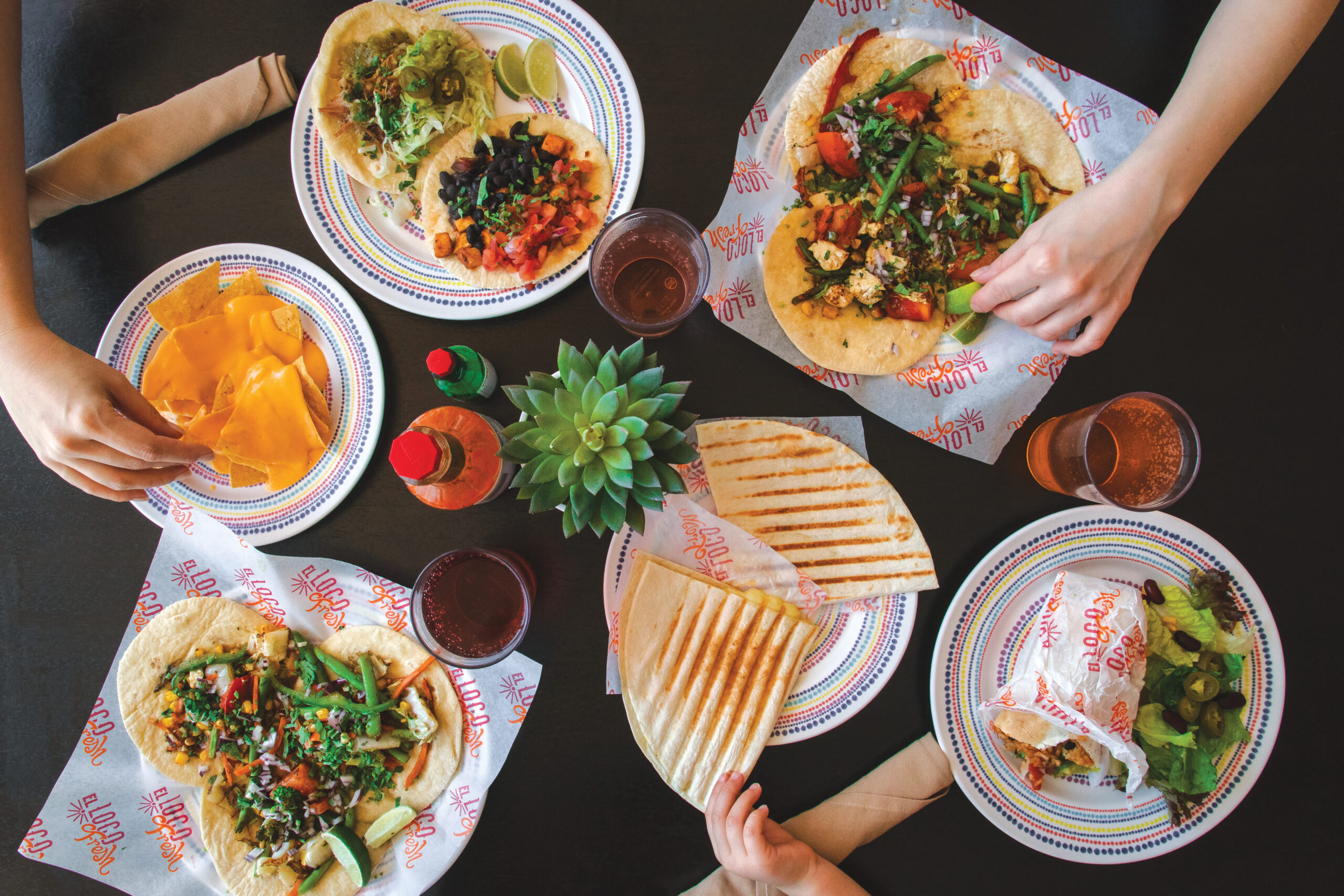 SY, Symphony of the Seas, Miss Marzipan, El Loco Fresh, Casual Dining, Fast Food, Nachos, Burritos, Tacos, Mexican Food, Quesadillas, Salsa, Hot Sauce, Salad, Hands, Eating, tabletop POV from above,