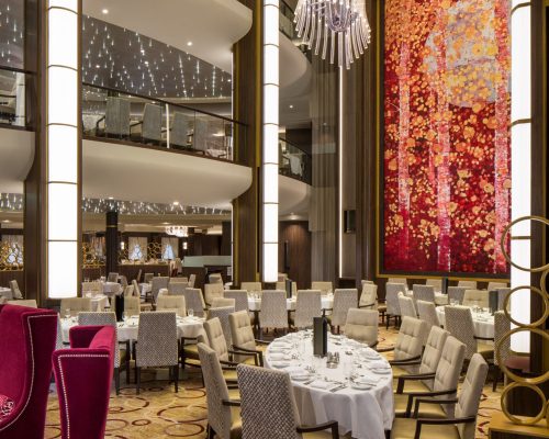 Main Dining Room SY, Symphony of the Seas, Main Dining Room - Deck 3/4/5 Aft Center, chandelier lamp, artwork, three stories, tiers, table settings, chairs,